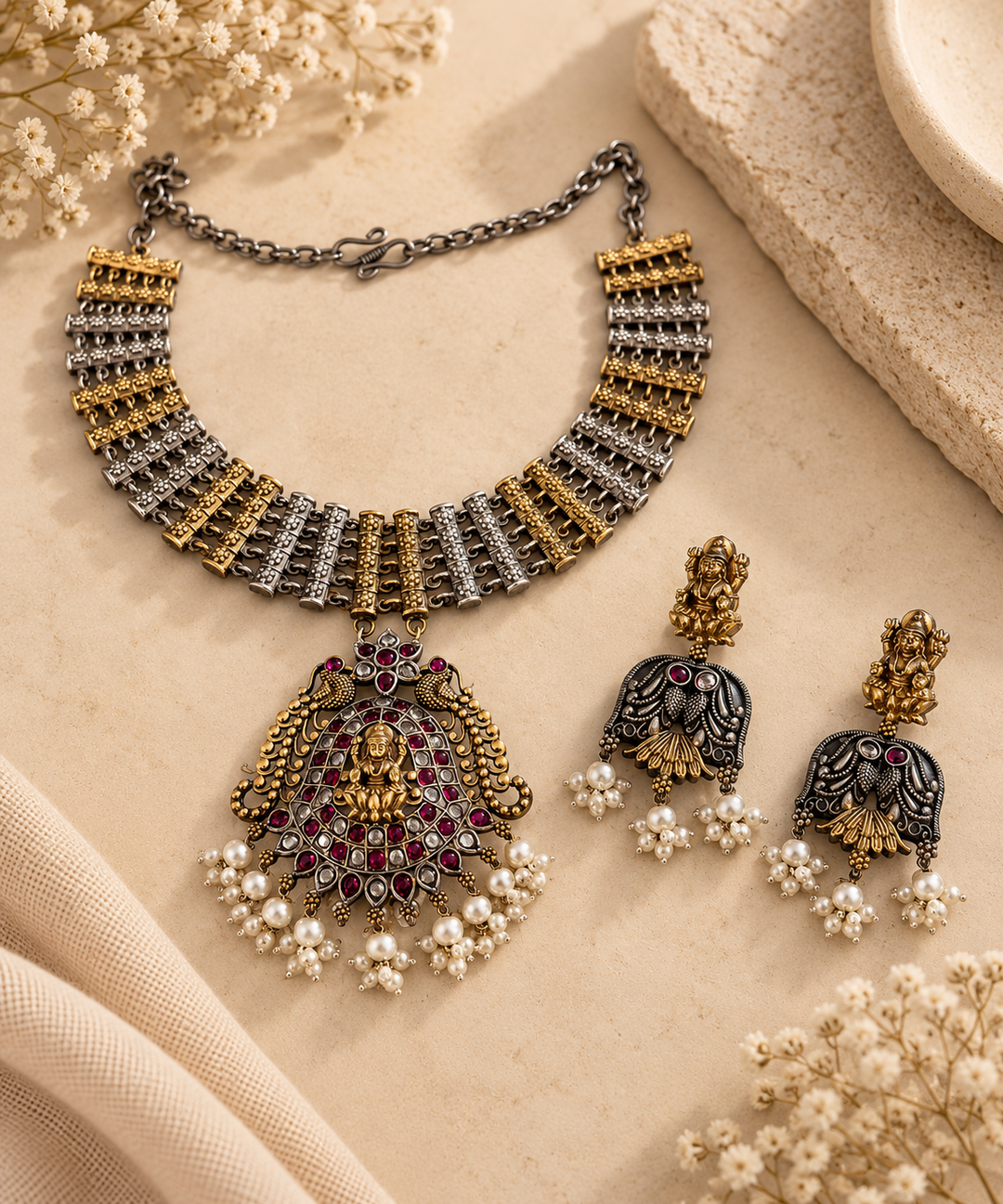 An ornate jewelry set displayed on a beige fabric surface with dried flowers and textured props. The set includes a wide collar-style necklace with a large matching pendant, and a pair of dangling earrings.