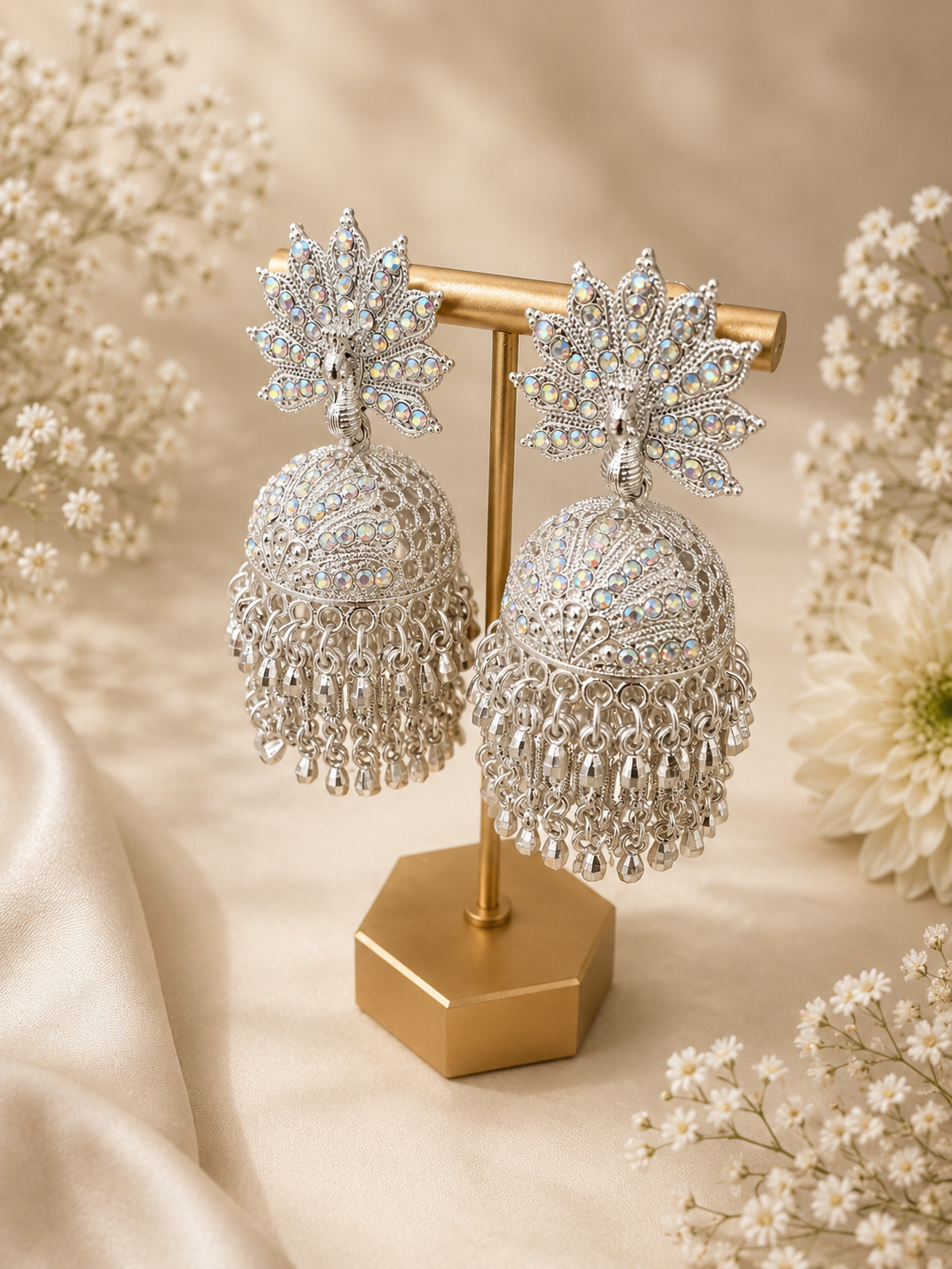 Silver jhumka earrings on a gold stand with flowers in the background