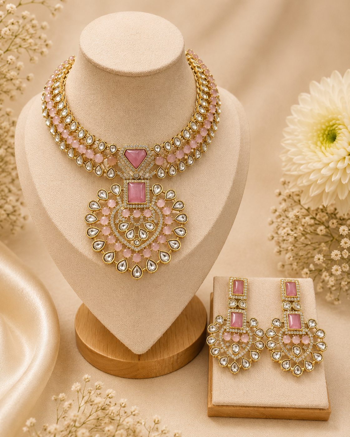 Jewelry set with necklace and earrings on a beige stand with flowers in the background