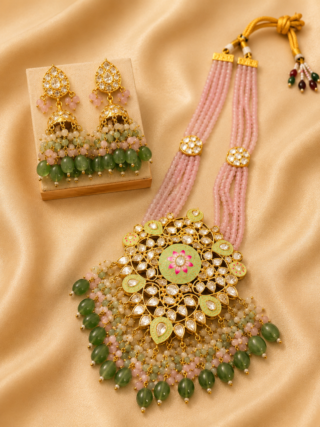 Ornate necklace and earrings on a beige fabric background