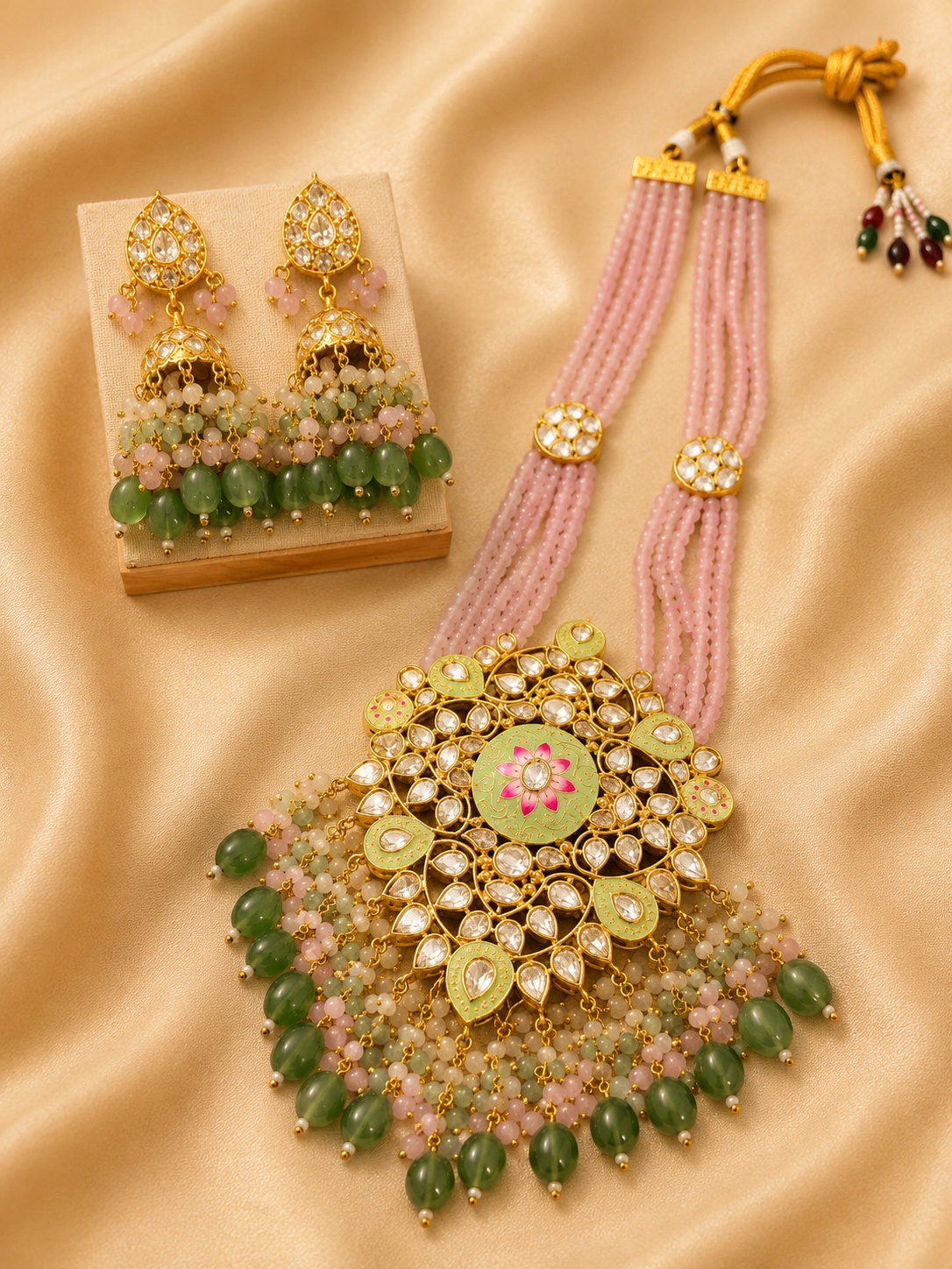Ornate necklace and earrings on a beige fabric background