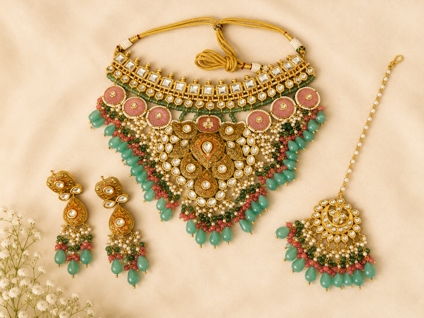 kundan-inspired detailing with soft blush accents, emerald-toned beads, and delicate pearl embellishments. Paired with statement earrings and a matching passa-style accessory, this bold set brings together traditional grandeur and modern luxury. Perfect for bridal styling, festive occasions, and heirloom-inspired looks.