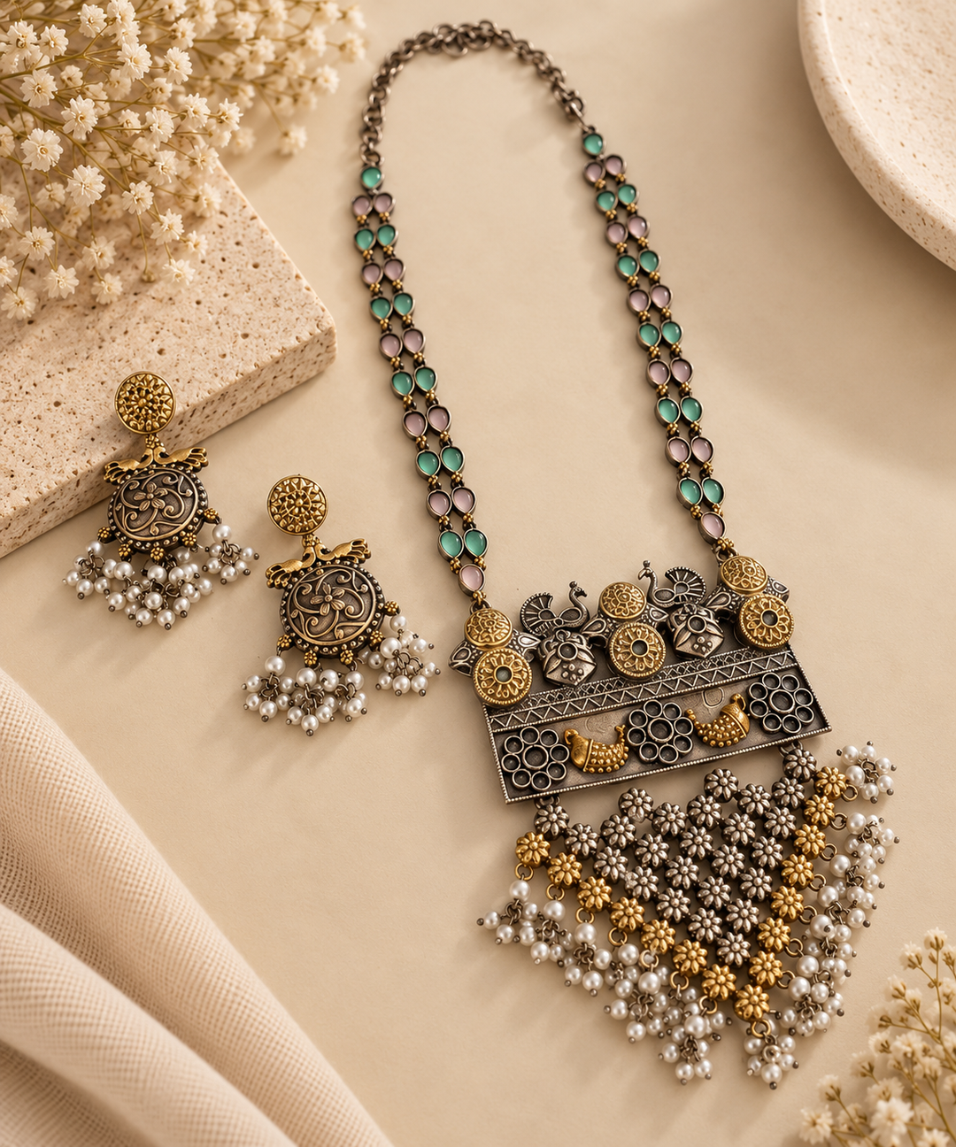 An ornate traditional Indian-style necklace with matching drop earrings, displayed on a beige fabric background with dried flowers and textured stone props. The necklace features a dark bronze-toned filigree pendant with gold-toned circular accents, green and pinkish-purple stones on the chain, and white faux-pearl tassel drops.