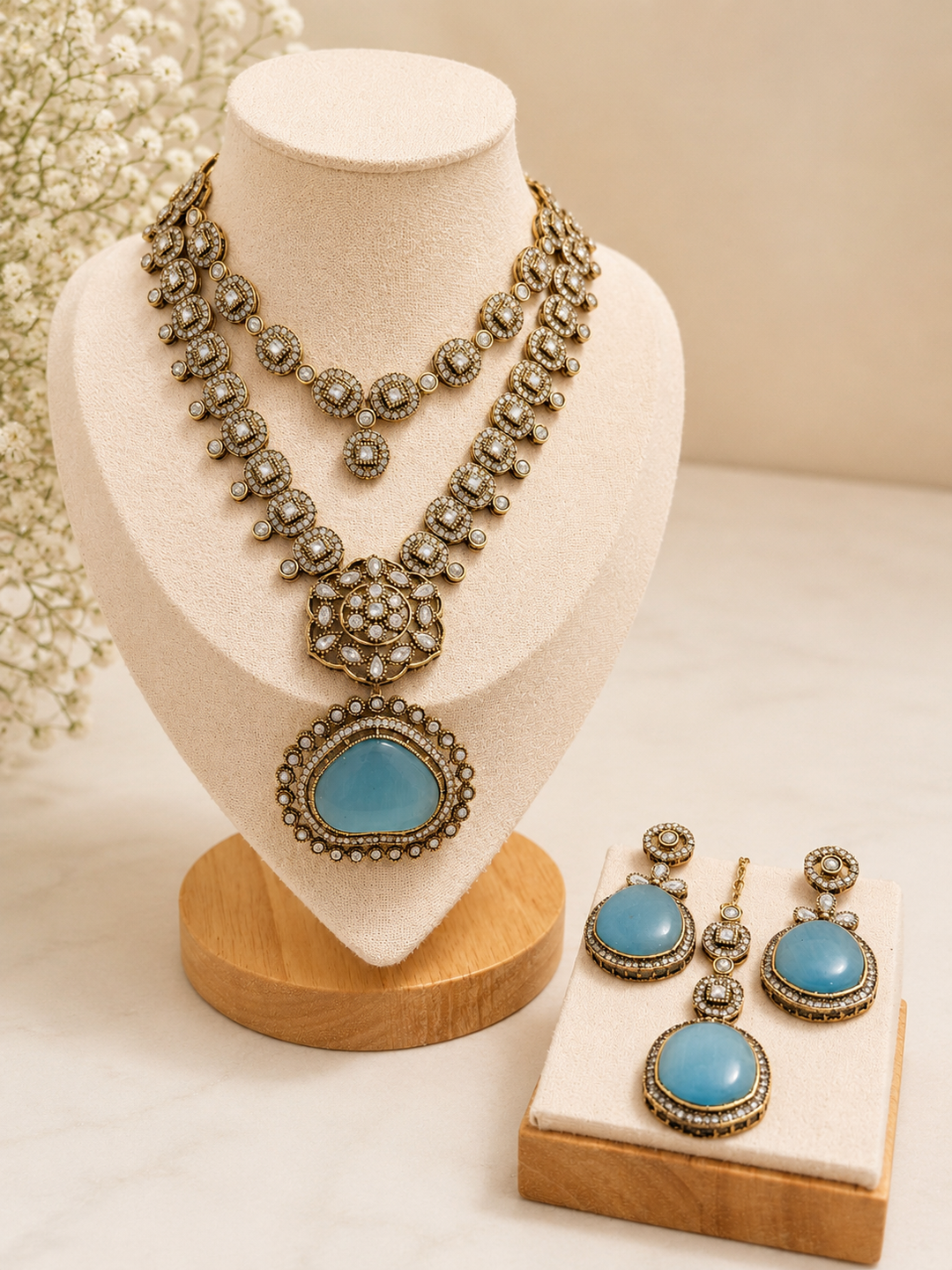 oft aqua-toned stones framed with intricate antique-inspired detailing and luminous crystal accents. The layered silhouette creates a refined statement while maintaining a timeless vintage charm. Complete with matching earrings and maang tikka, this set is perfect for receptions, festive evenings, and elevated occasion styling.