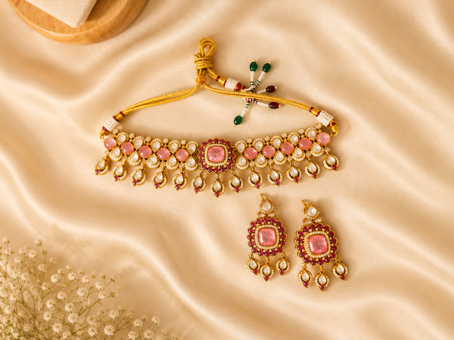 Jewelry set with pink stones on a beige fabric background