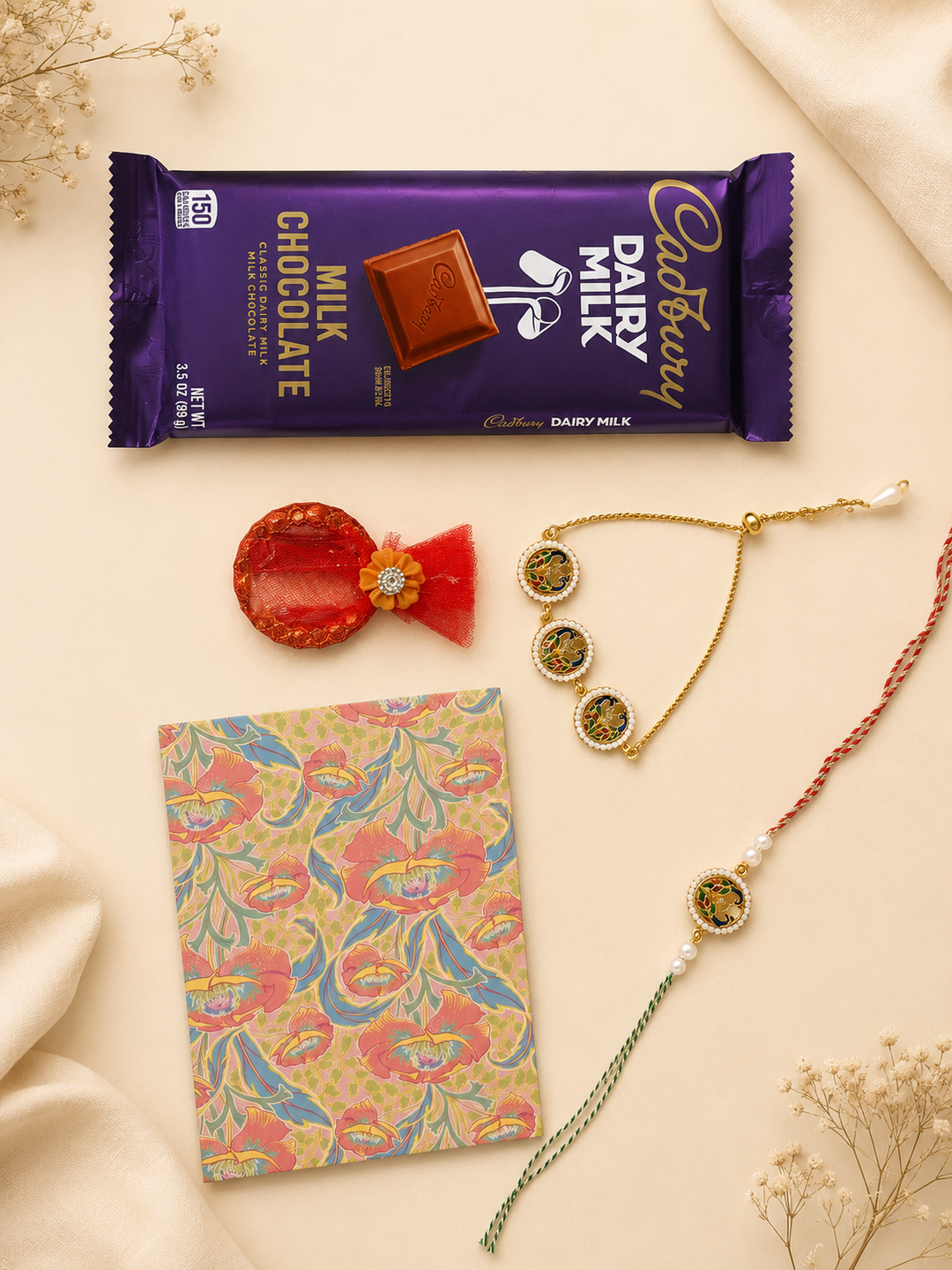 Emerald Heritage Raksha Bandhan gift set with handcrafted rakhi, lumba, chocolate, greeting card, and roli.