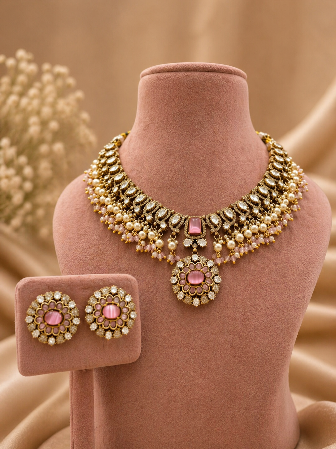 Gold and pink jewelry set on a mannequin bust with a beige background