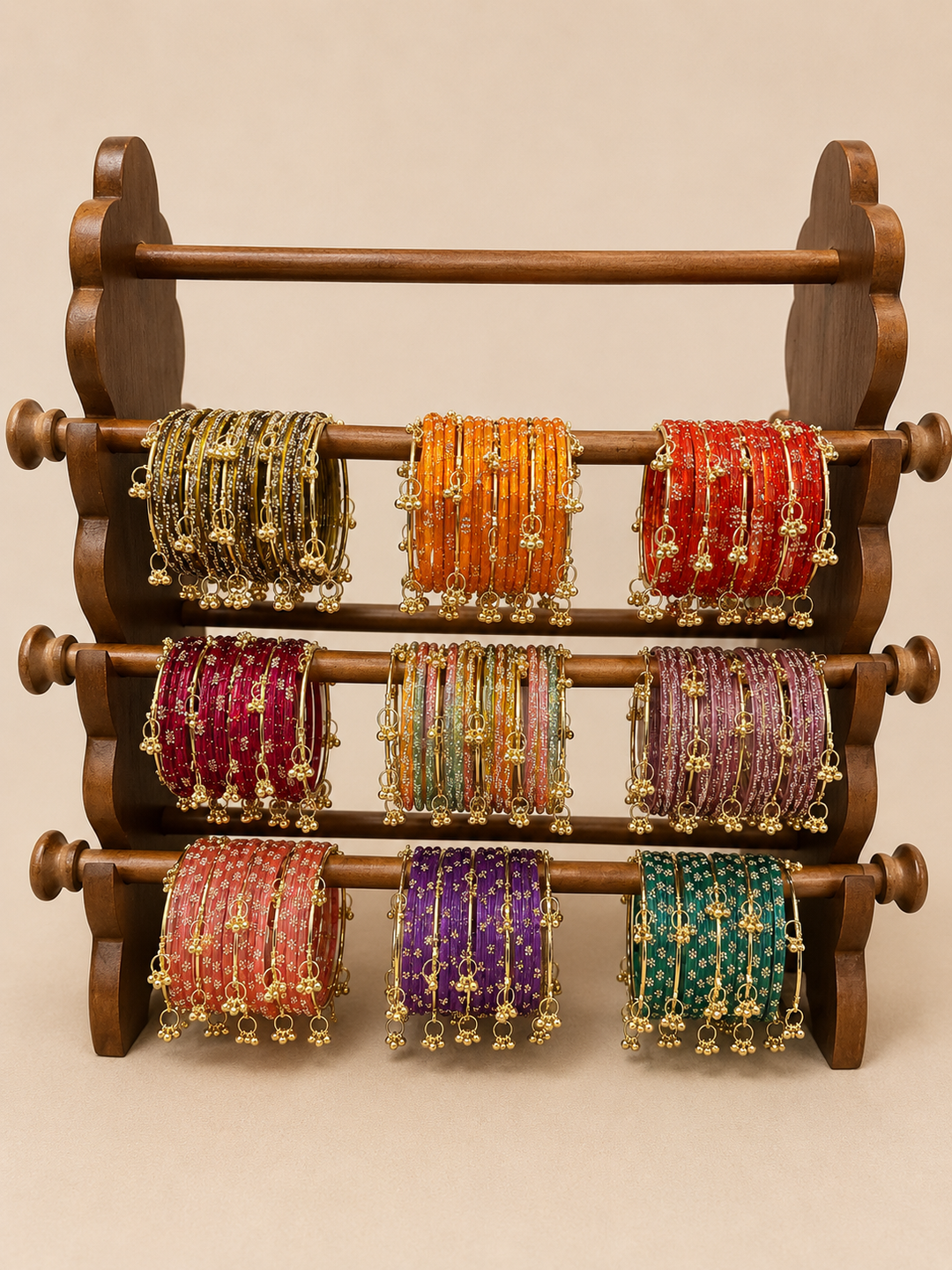 Wooden bracelet holder with colorful bracelets on a beige background