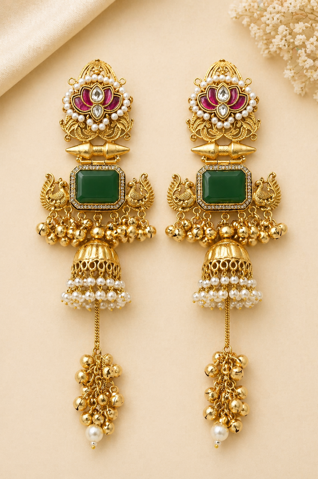 Ornate gold earrings with green stones and pearl accents on a beige background