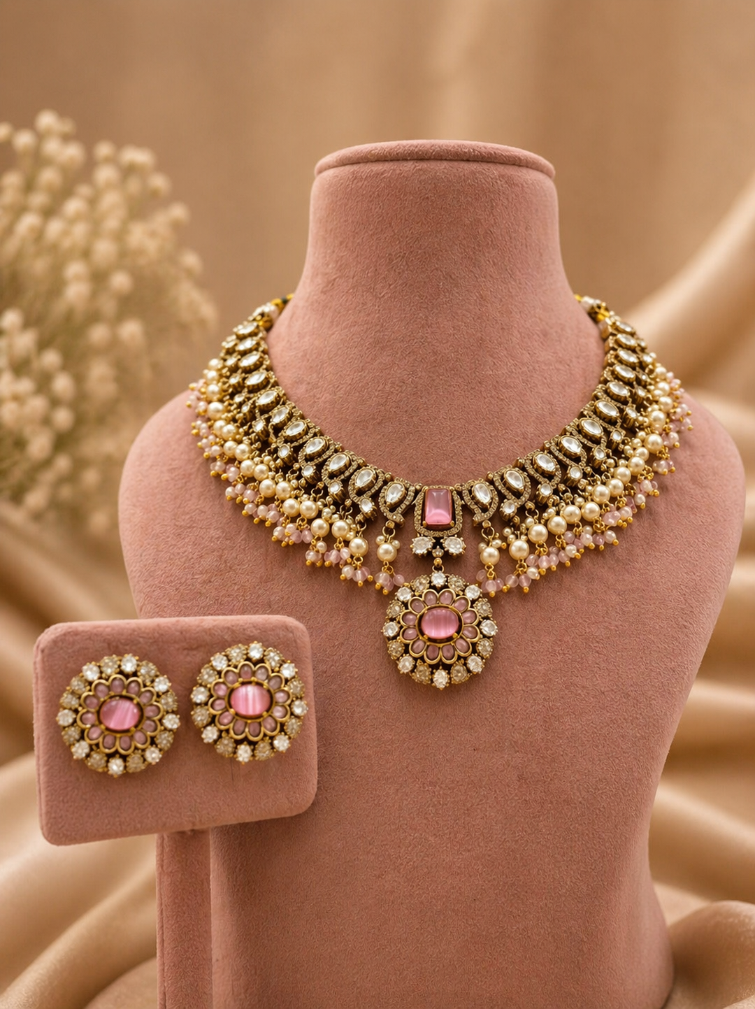 Gold and pink jewelry set on a mannequin bust with a beige background