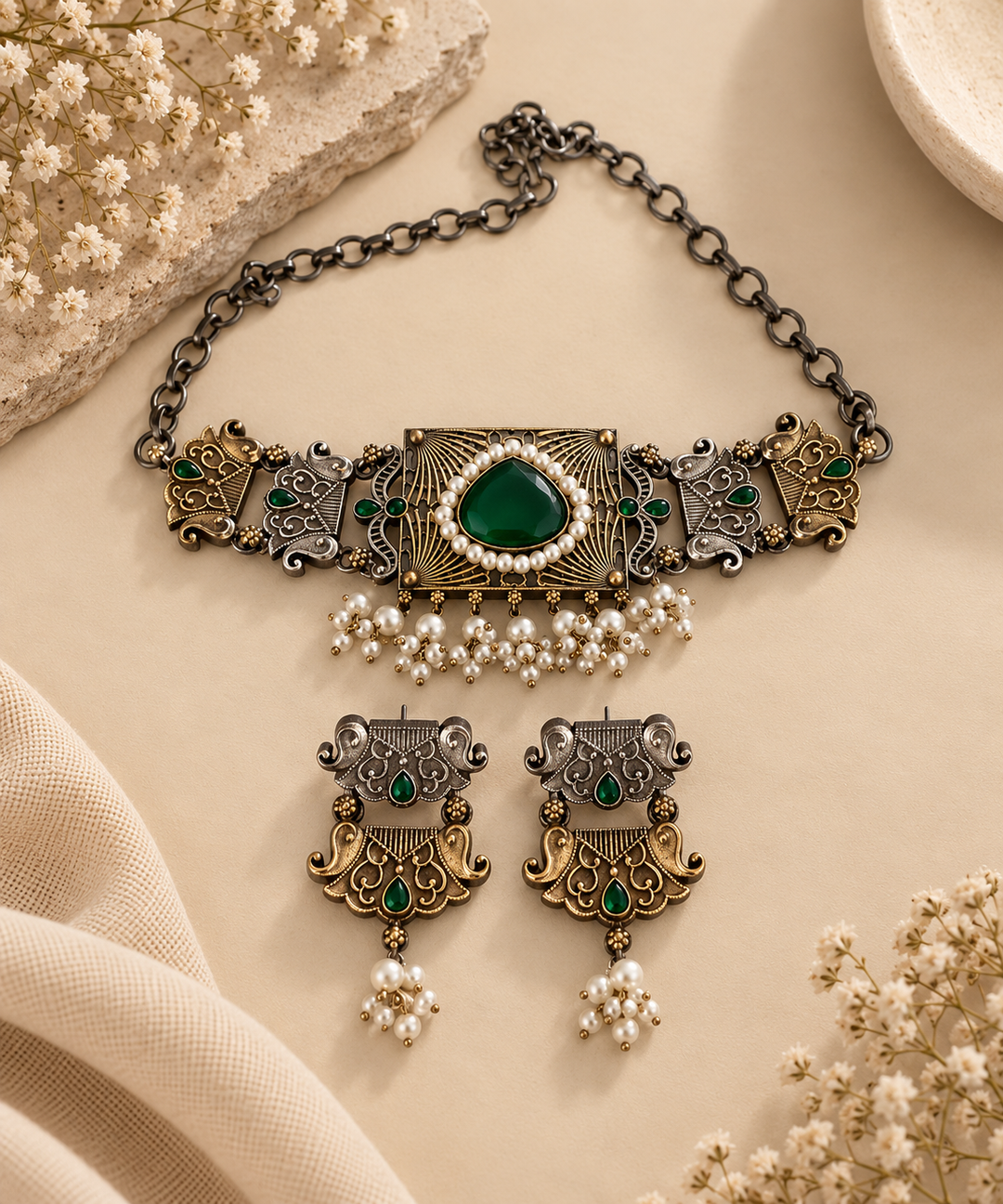 An ornate jewelry set featuring a necklace and matching earrings with antique bronze-toned filigree, green teardrop stones, and dangling pearl bead clusters, arranged on a beige surface with decorative dried flowers and fabric.