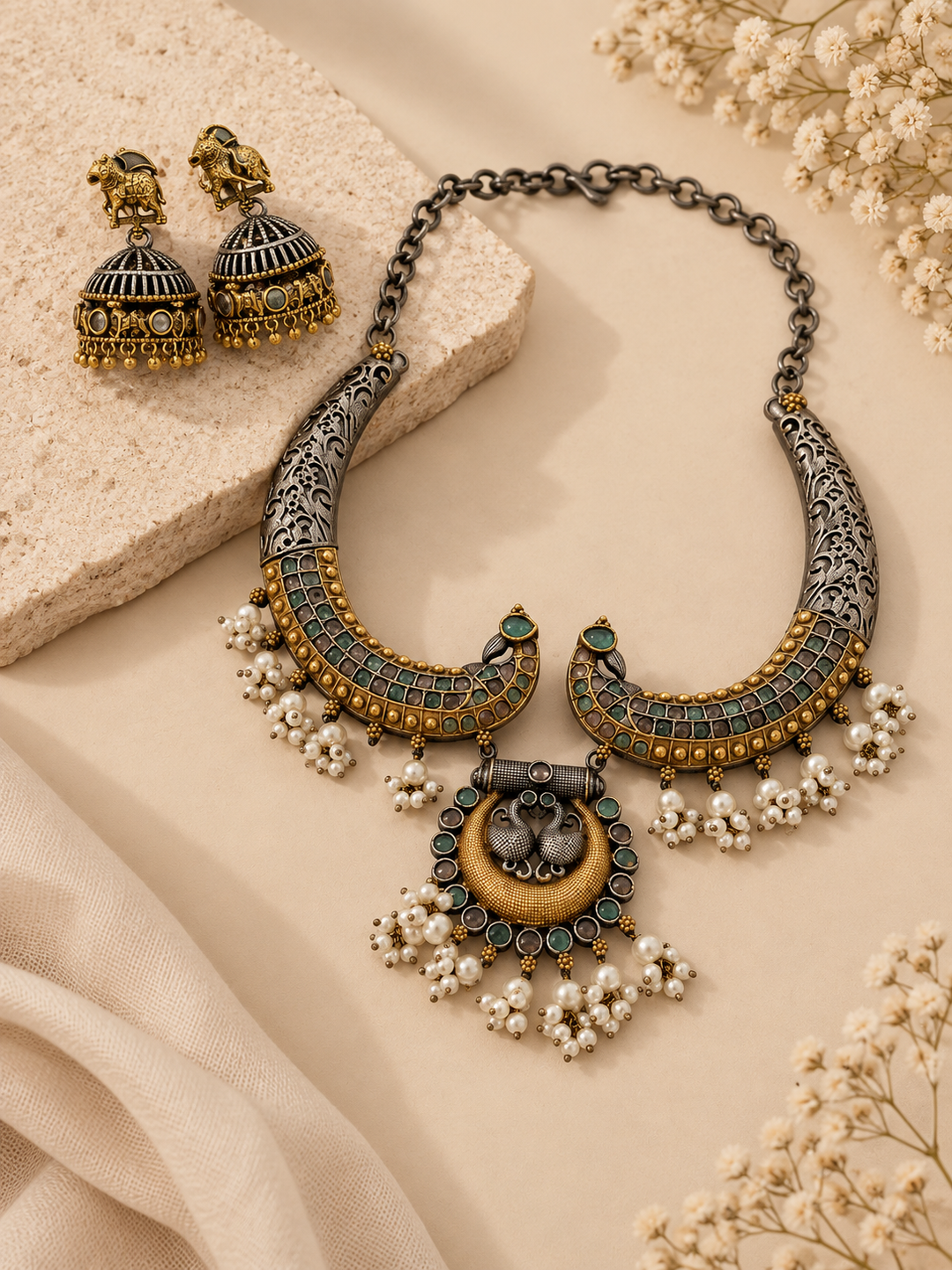 An ornate traditional Indian jewelry set featuring a crescent-shaped necklace and matching dangle earrings. The jewelry is crafted with dark silver-toned metal, gold-plated accents, teal blue enamel, and white pearl bead drops.