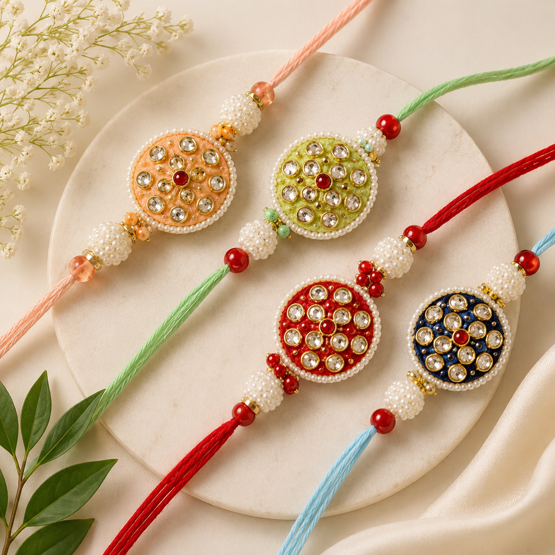 Kundan Bloom handcrafted rakhi collection with pearl accents in peach, green, red, and blue.