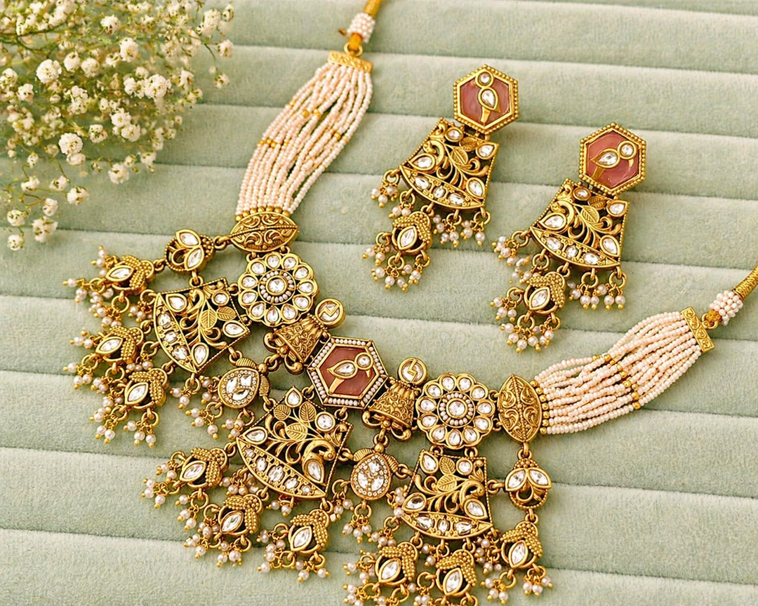 Gold-toned bridal necklace and earring set featuring pearl strands, blush accents, and intricate detailed motifs with dangling elements.