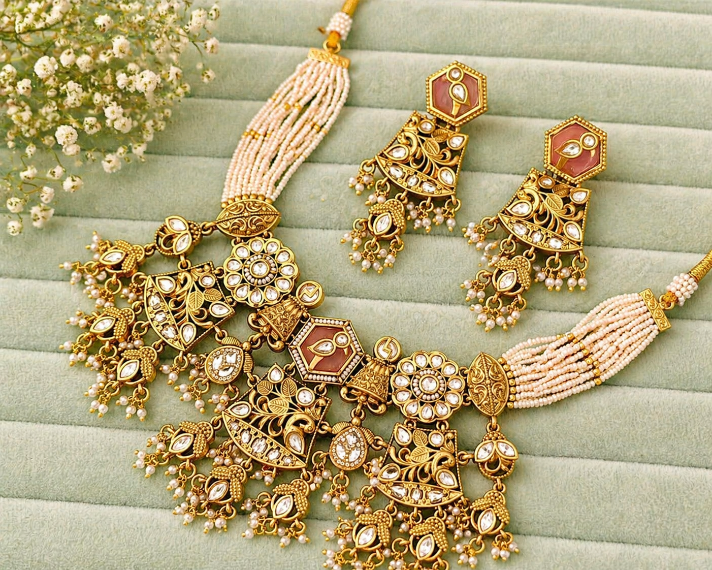 Gold-toned bridal necklace and earring set featuring pearl strands, blush accents, and intricate detailed motifs with dangling elements.