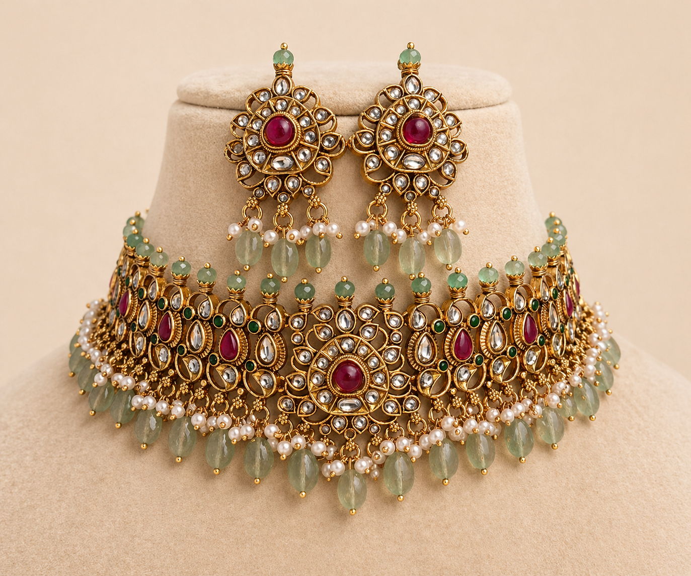 Ornate gold necklace with red and green gemstones on a beige stand