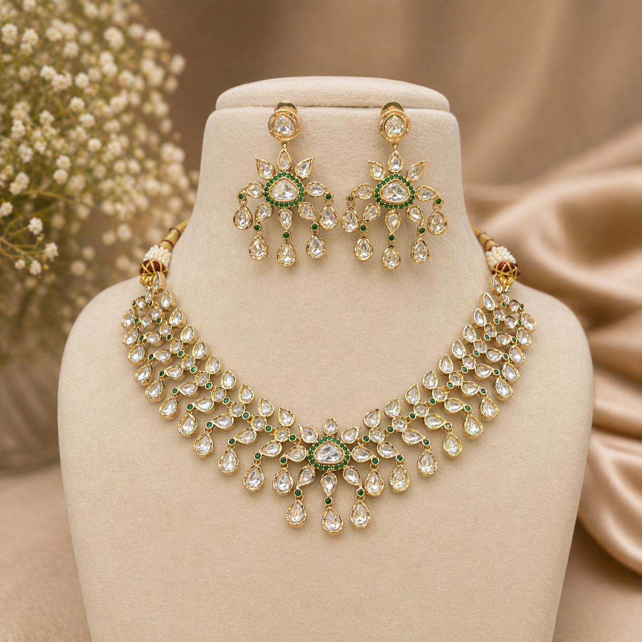 Gold necklace and earrings set on a mannequin bust with a soft beige background