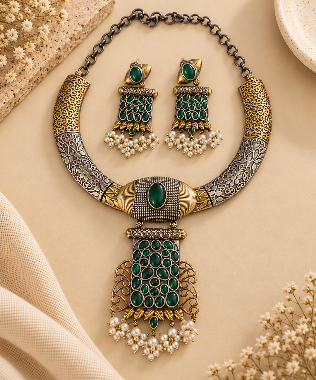 An ornate gold and silver-toned statement necklace with matching drop earrings, decorated with green stones and white pearl-like beads, arranged on a beige fabric background with decorative dried flowers.