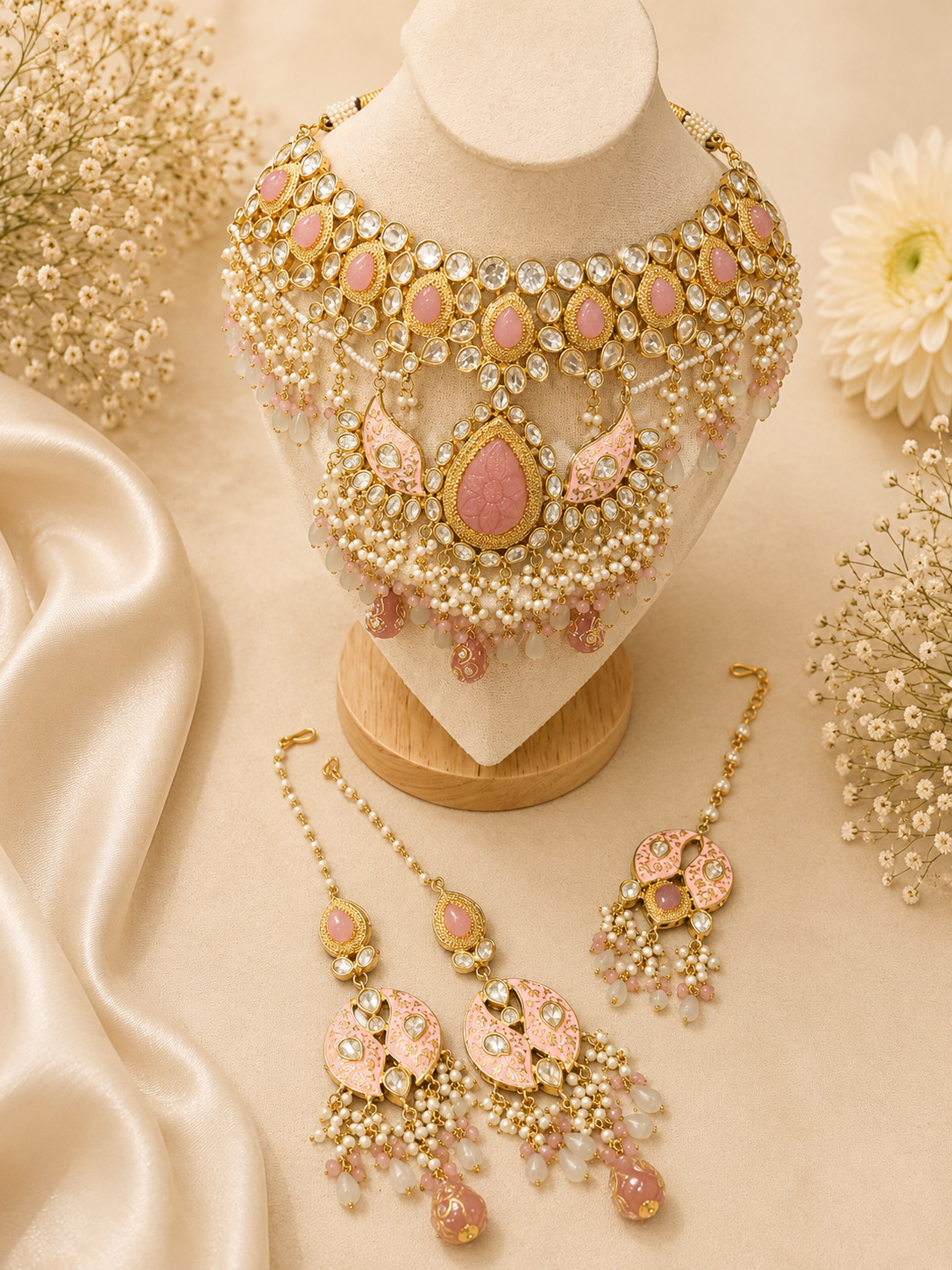 Ornate jewelry set with pink stones on a beige background