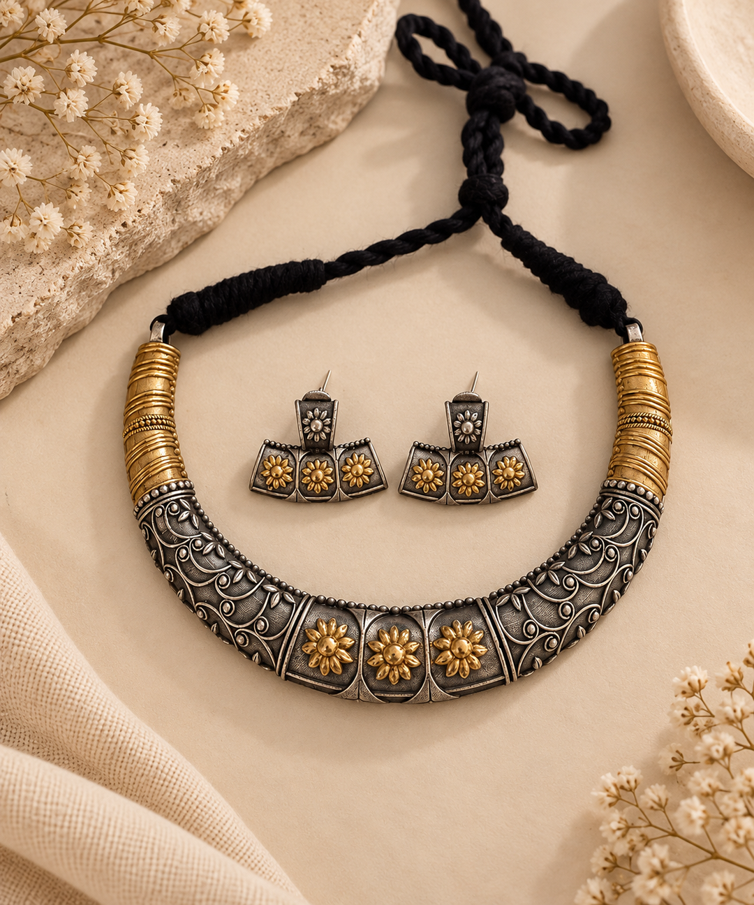 A silver-toned statement necklace with black braided cord and gold-toned floral details, shown with matching drop earrings on a beige fabric surface with dried flowers and stone props.
