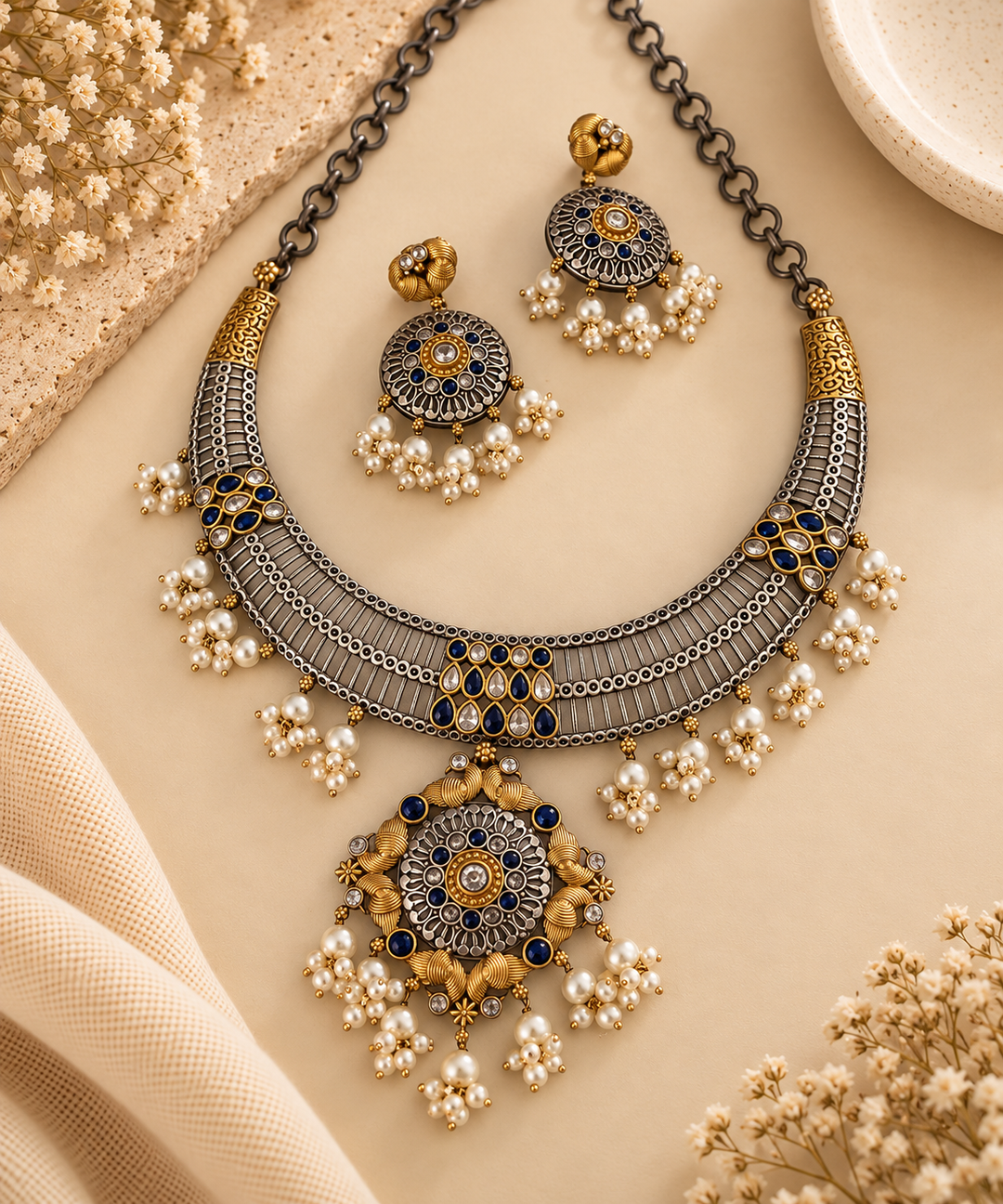 An ornate traditional Indian jewelry set featuring a statement necklace and matching earrings. The jewelry is styled with a dark chain, silver-toned filigree, gold-plated accents, and clusters of white faux pearls.