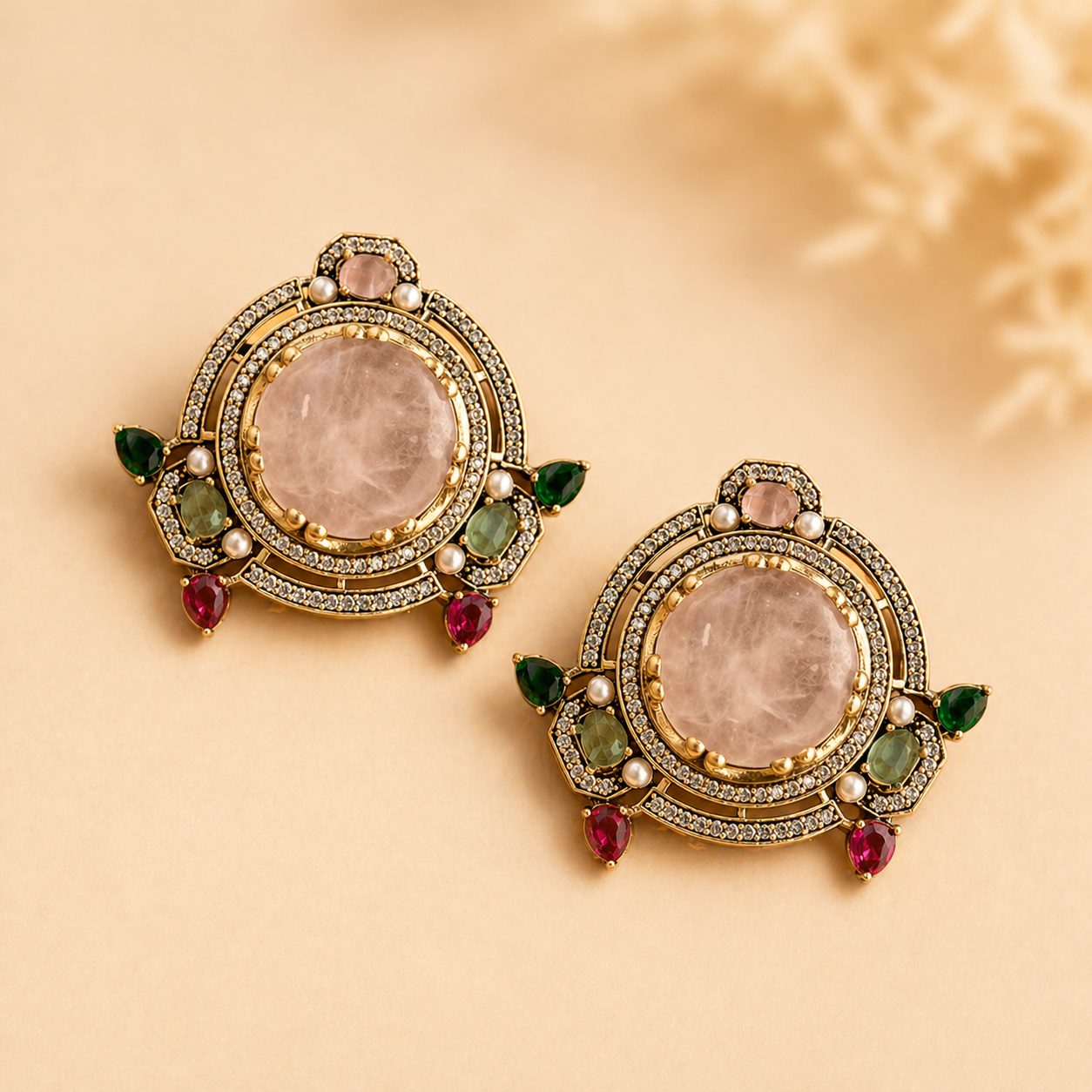 Pair of ornate earrings with gemstones on a beige background