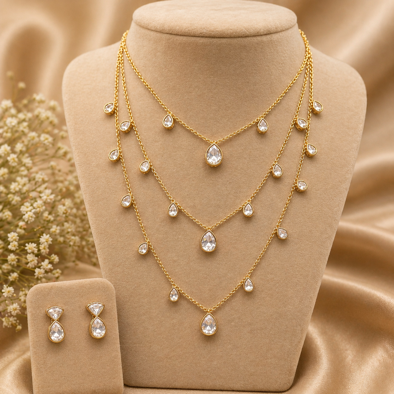 Gold necklace with teardrop-shaped crystals on a mannequin bust, accompanied by matching earrings.