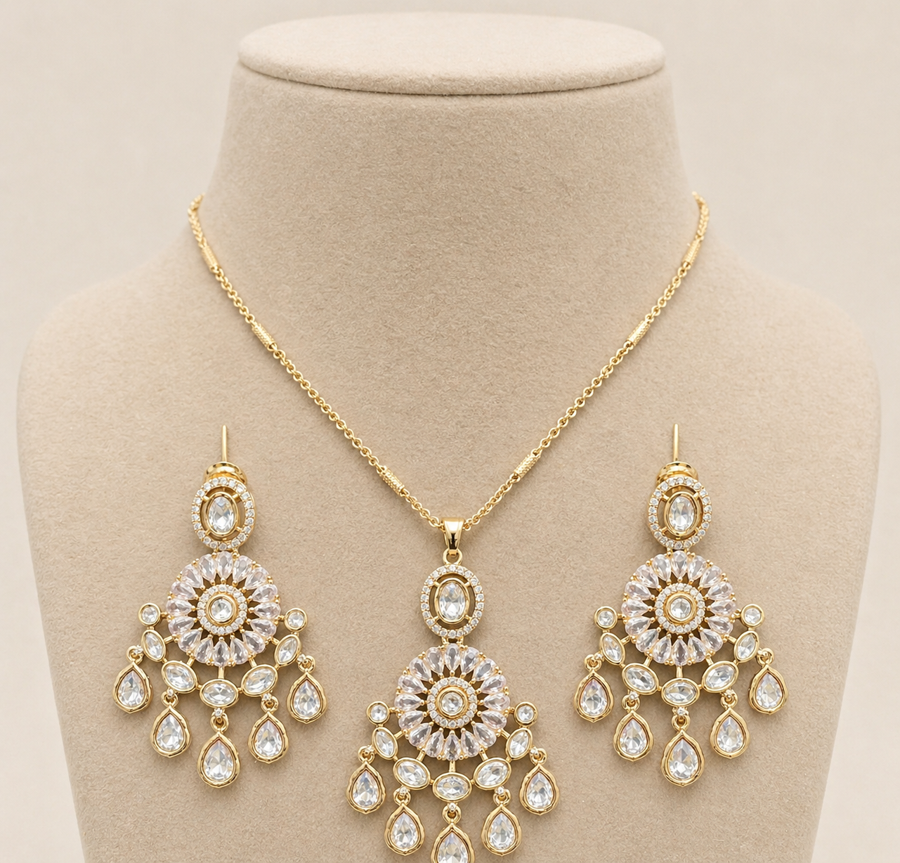 Gold jewelry set with necklace and earrings on a beige stand