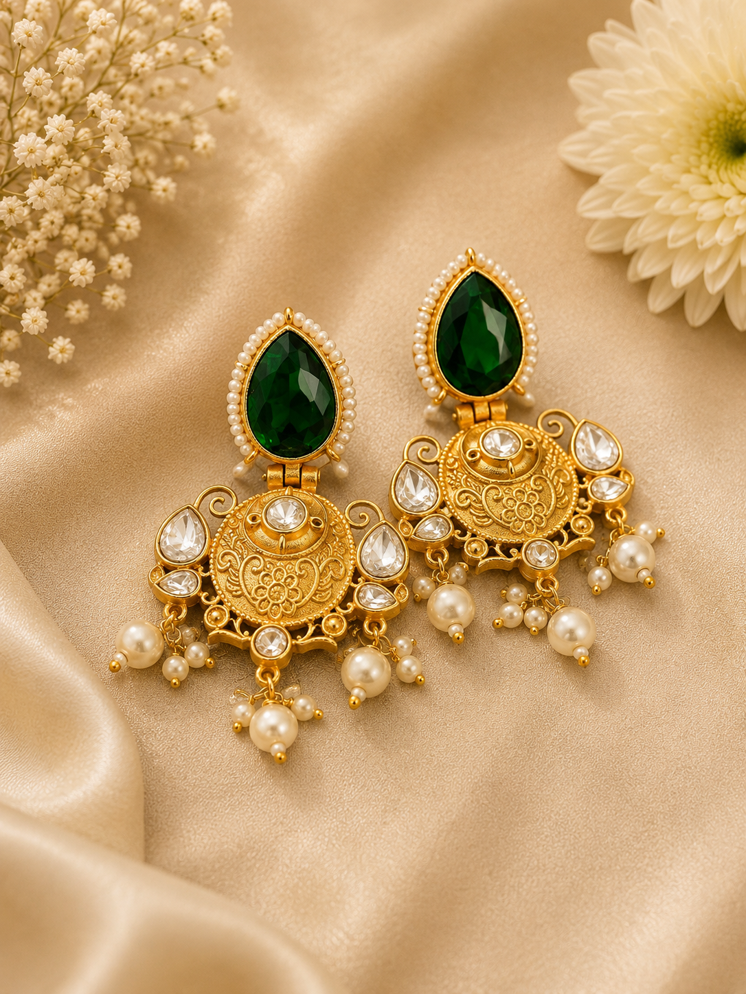 Gold earrings with green gemstones and pearl accents on a beige fabric background.