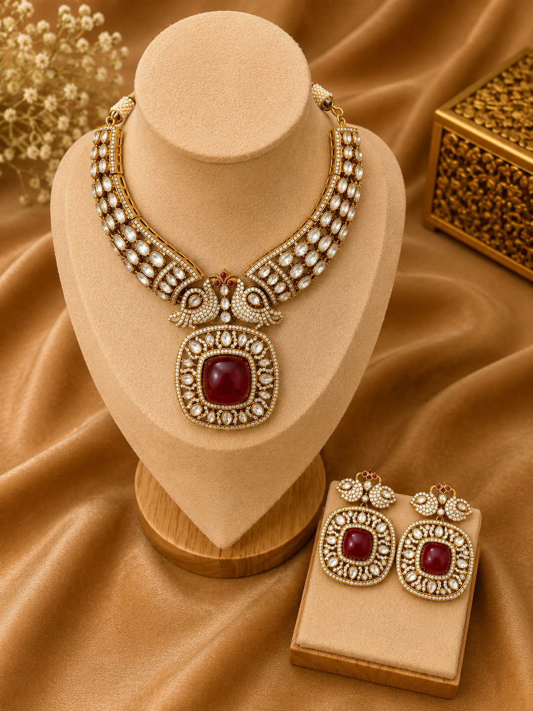 rich ruby-toned accents framed with intricate kundan-inspired detailing