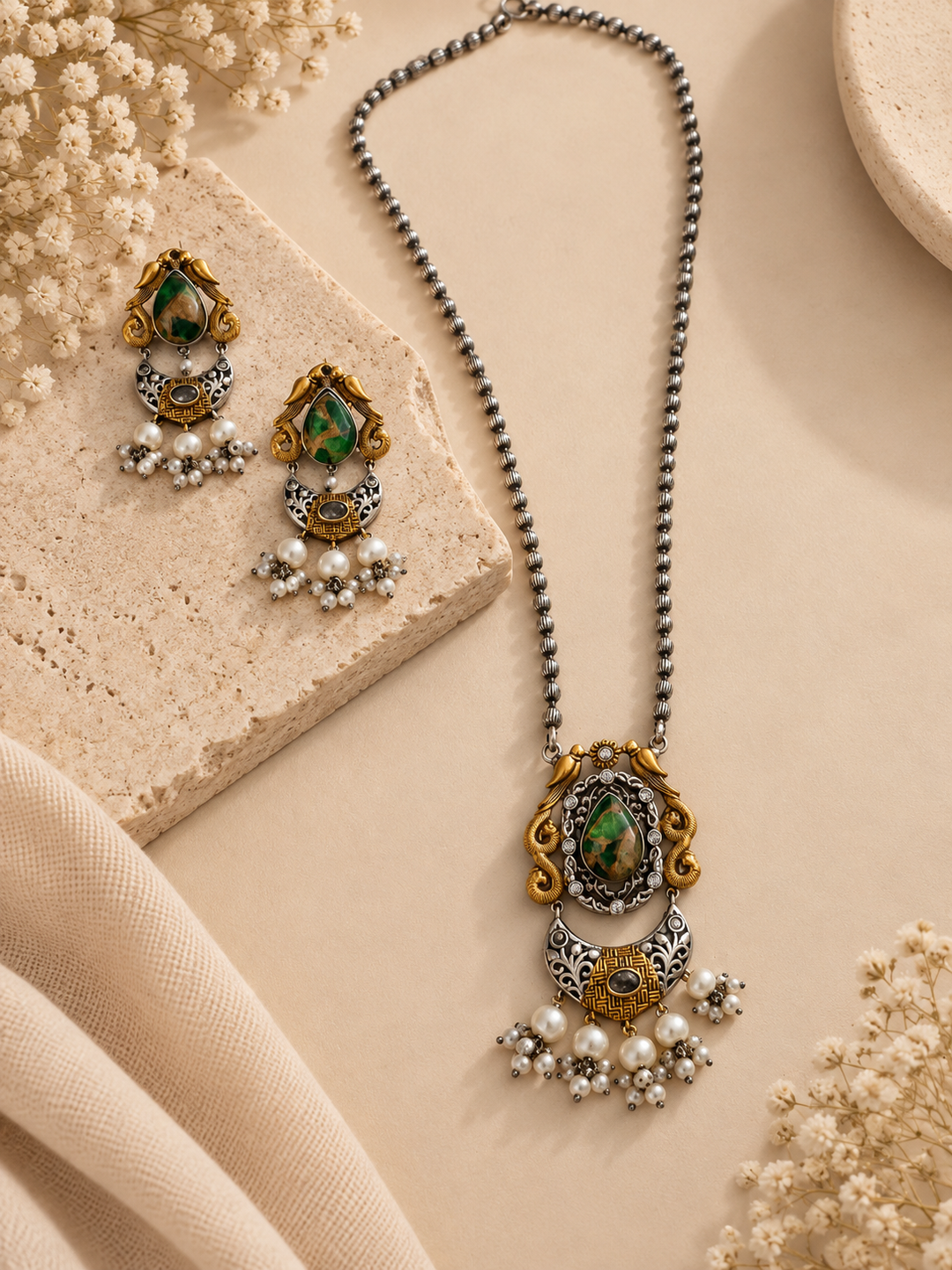 An ornate gold and silver necklace with a green stone pendant, displayed with matching drop earrings on a beige textured background with dried flowers.