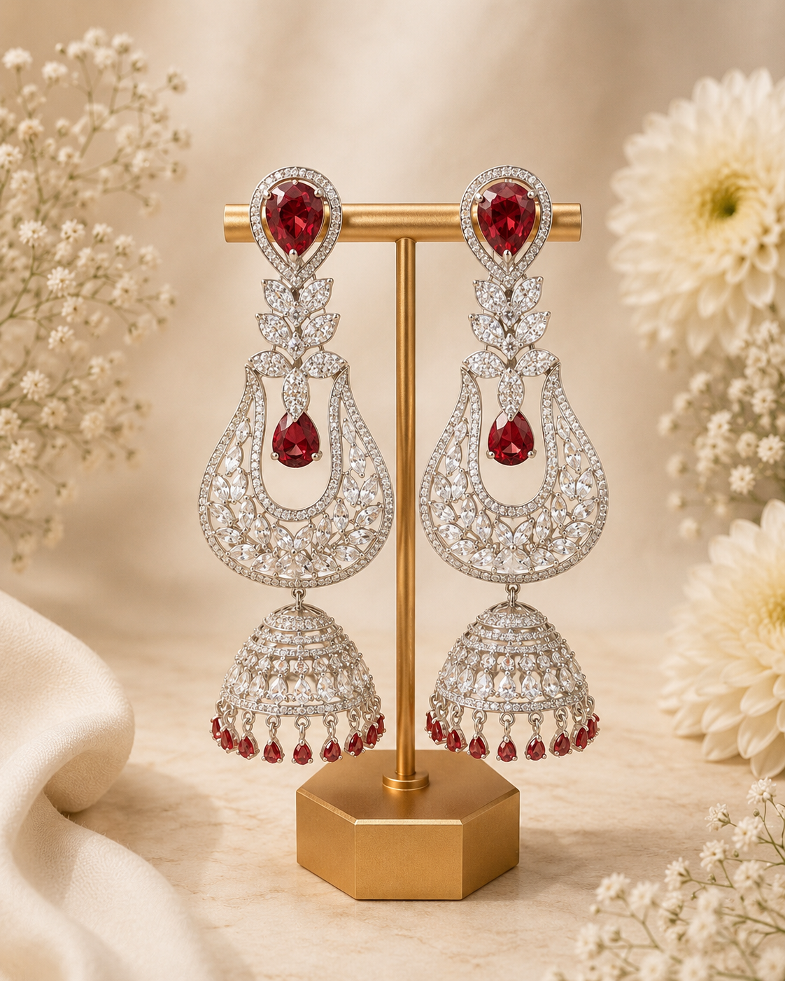 Ornate earrings with red gemstones on a decorative stand with flowers in the background