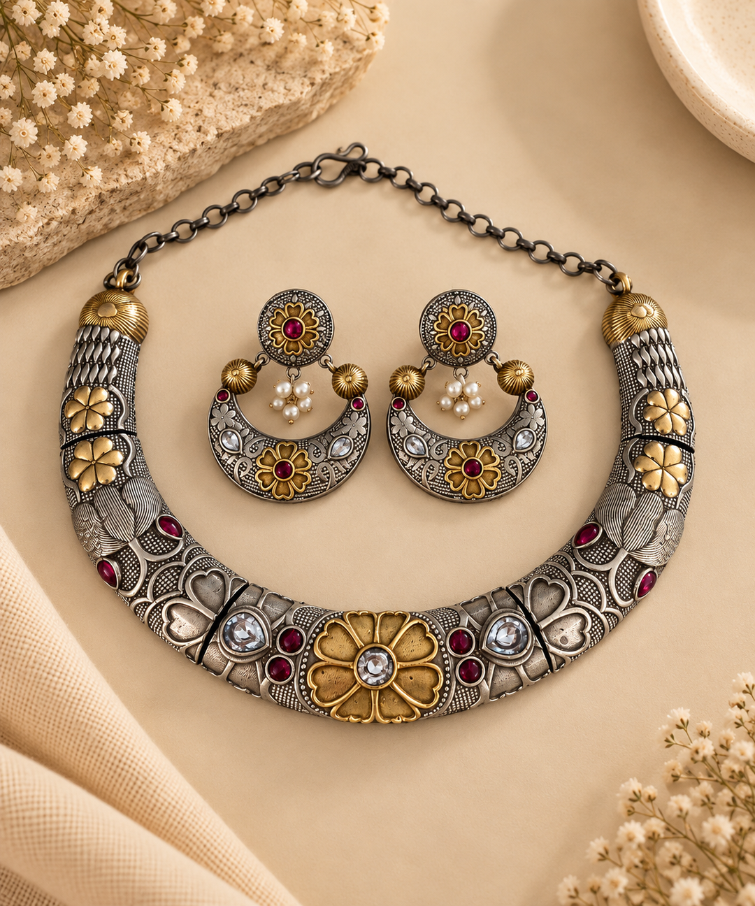 An ornate silver-toned statement necklace with matching drop earrings, styled on a beige fabric background with dried flowers and textured props.