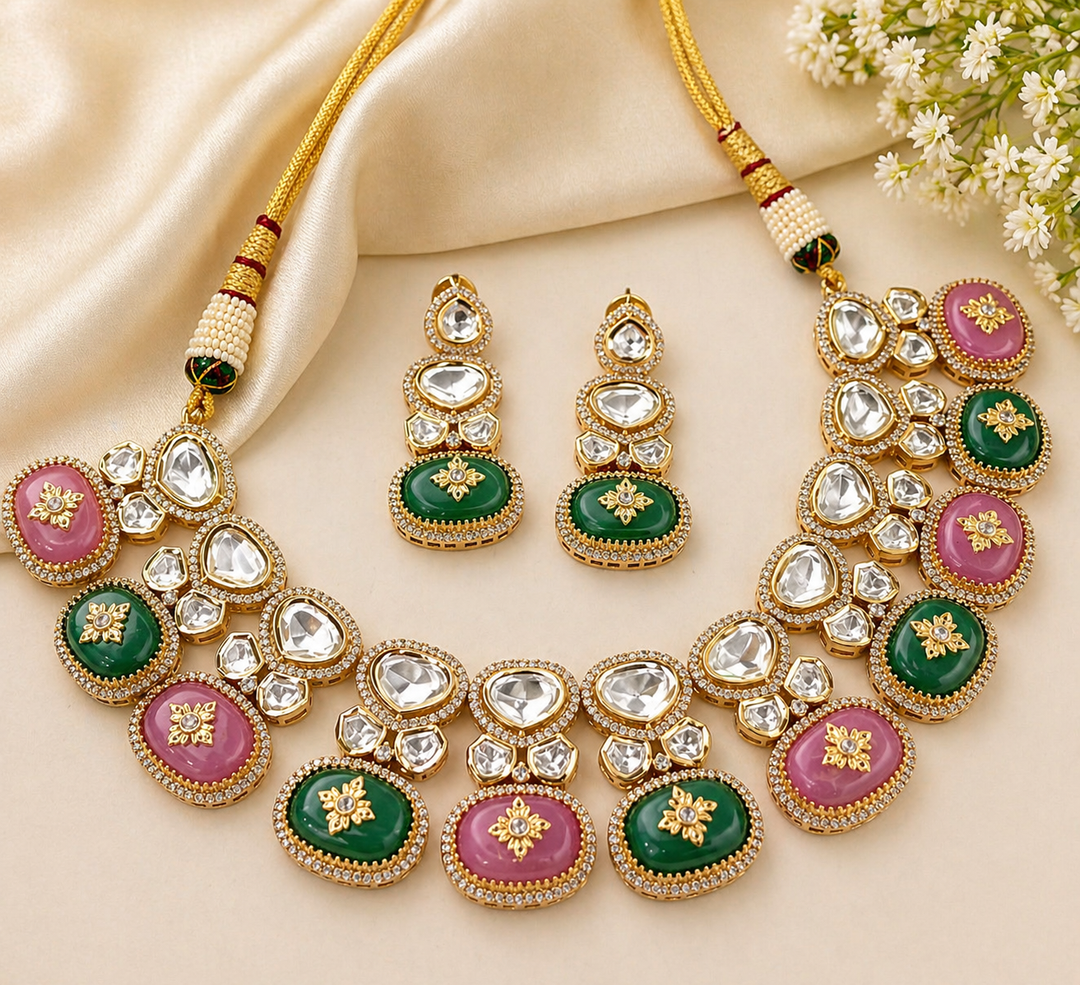 Jewelry set with necklace and earrings on a beige fabric background