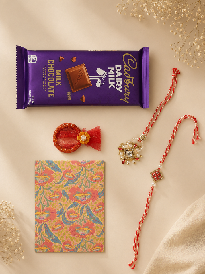 Royal Pearl Raksha Bandhan gift set with rakhi, lumba, chocolate, roli, chawal, and greeting card.
