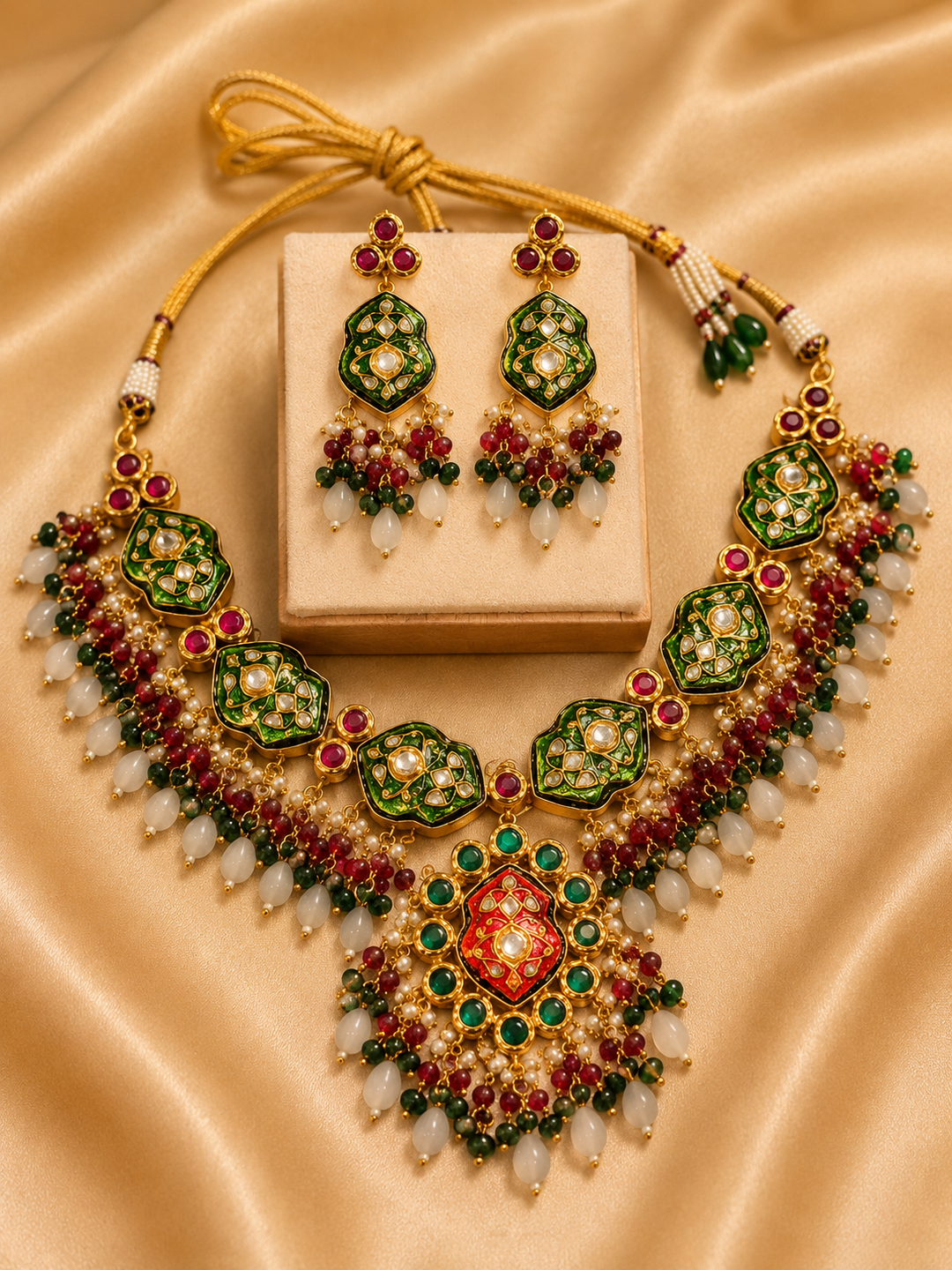 Ornate necklace and earrings set on a beige fabric background