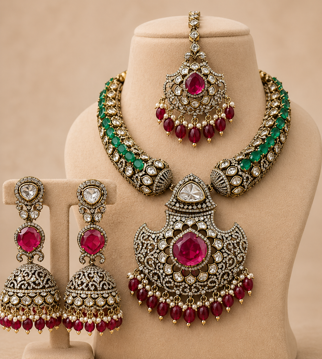 Ornate jewelry set with necklace, earrings, and choker on a mannequin bust.