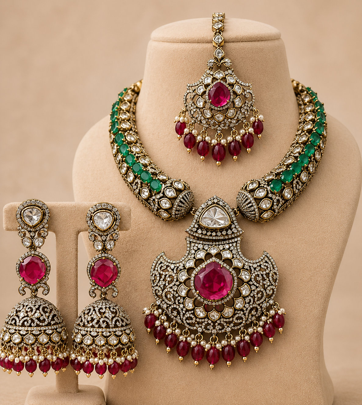 Ornate jewelry set with necklace, earrings, and choker on a mannequin bust.