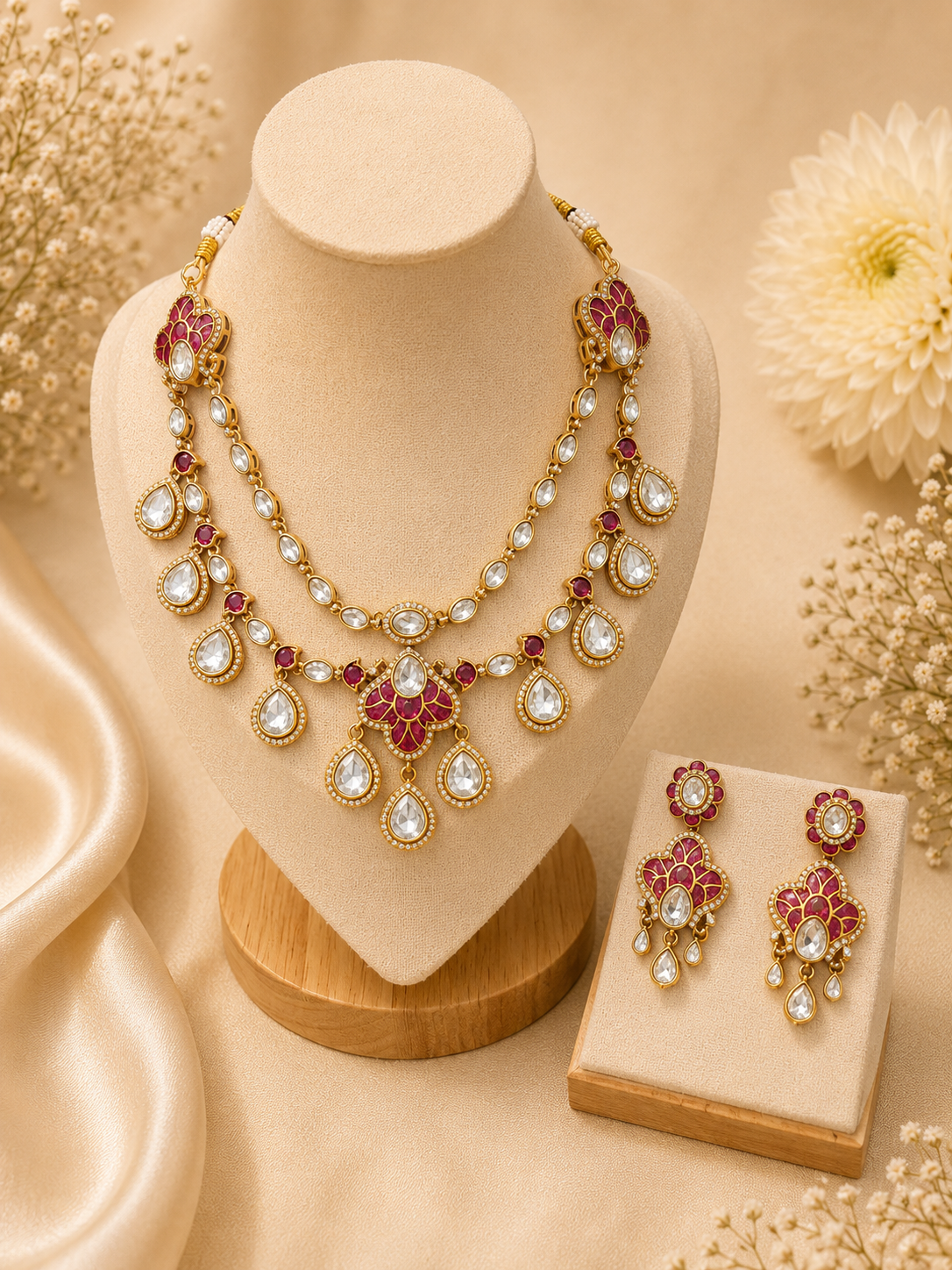 necklace set against a beige background