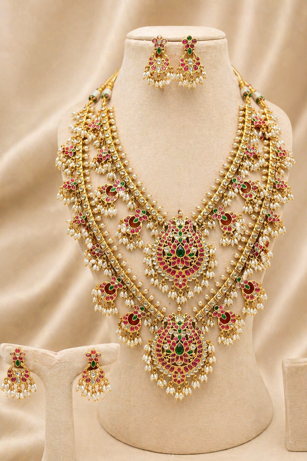 Ornate jewelry set with necklace and earrings on a mannequin bust against a beige background