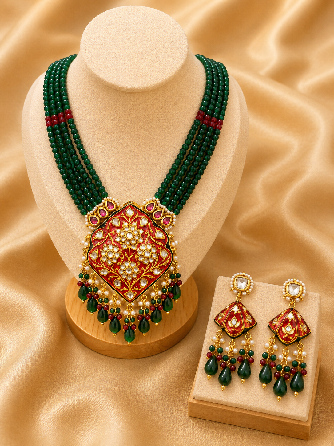 Ornate green and gold necklace and earrings on a beige fabric background