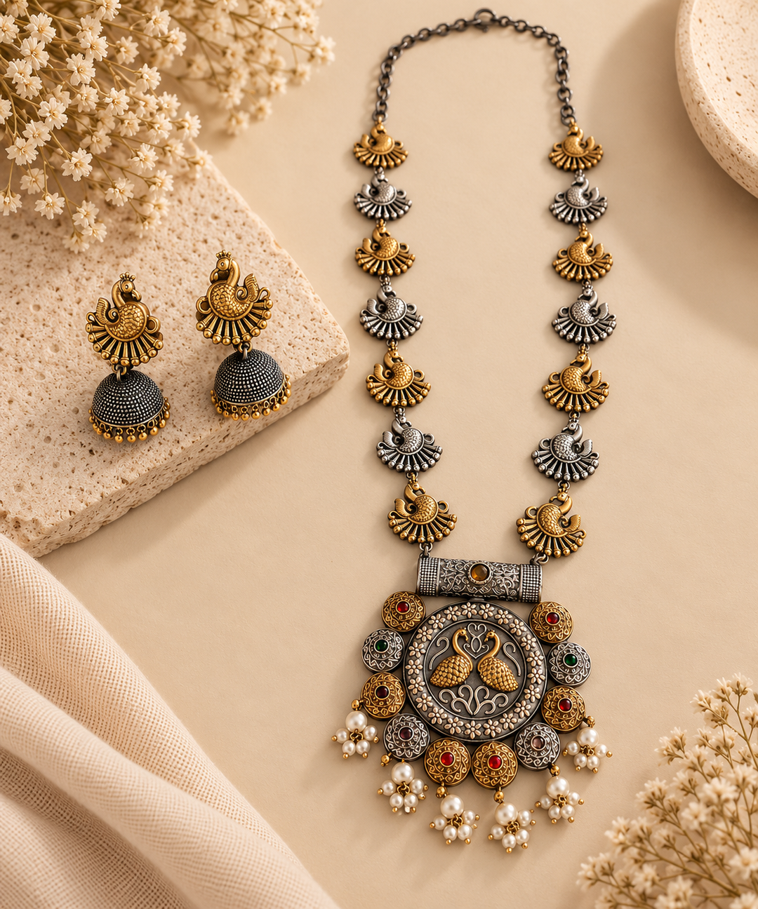 An ornate Indian-style jewelry set featuring a long necklace and matching earrings. The necklace has a dark chain with alternating gold and silver-toned fan-shaped links, leading to a large central pendant decorated with two swans and surrounded by colorful floral elements and pearl drops.