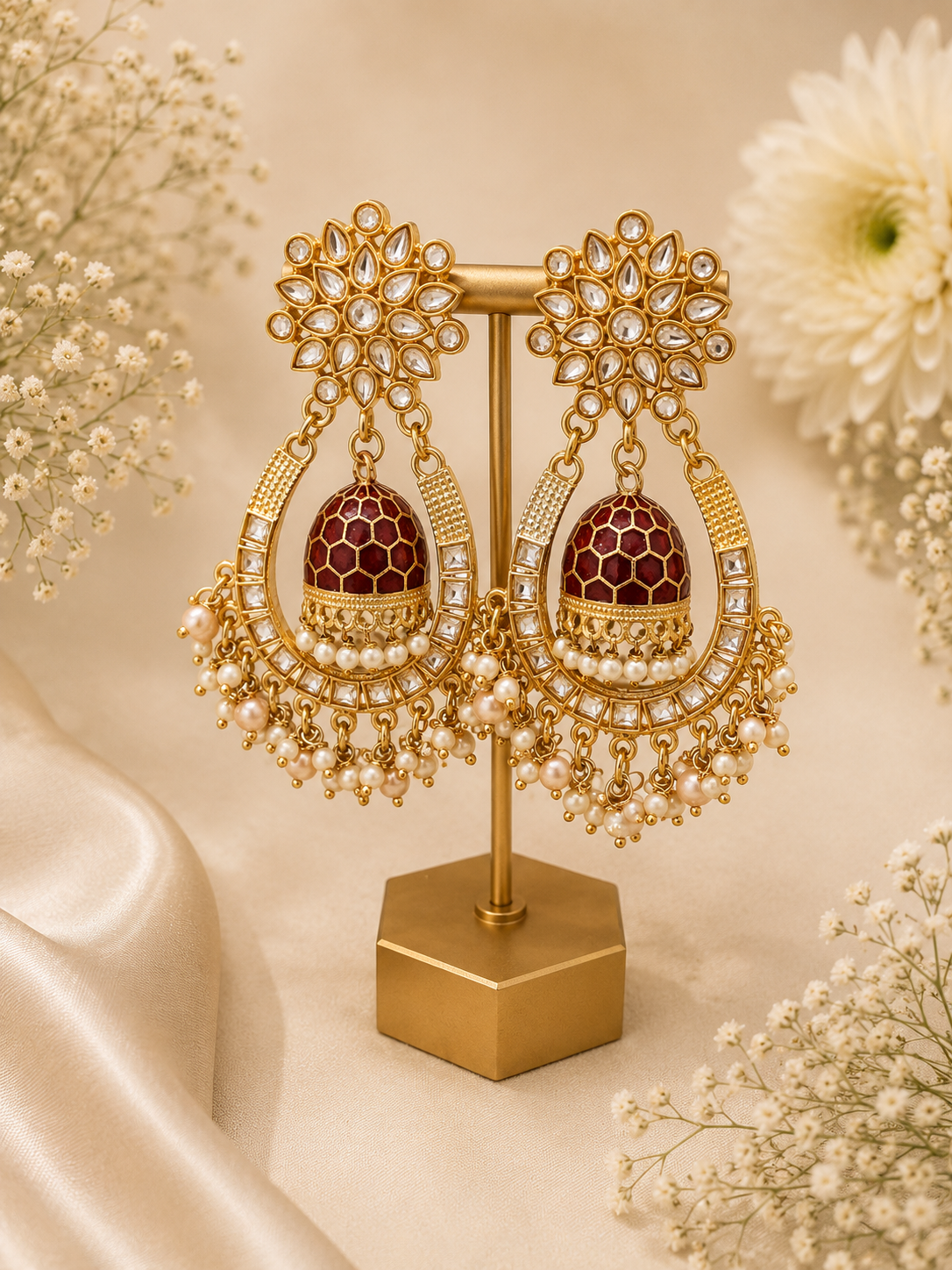 Gold earrings with maroon stones on a decorative stand with flowers in the background