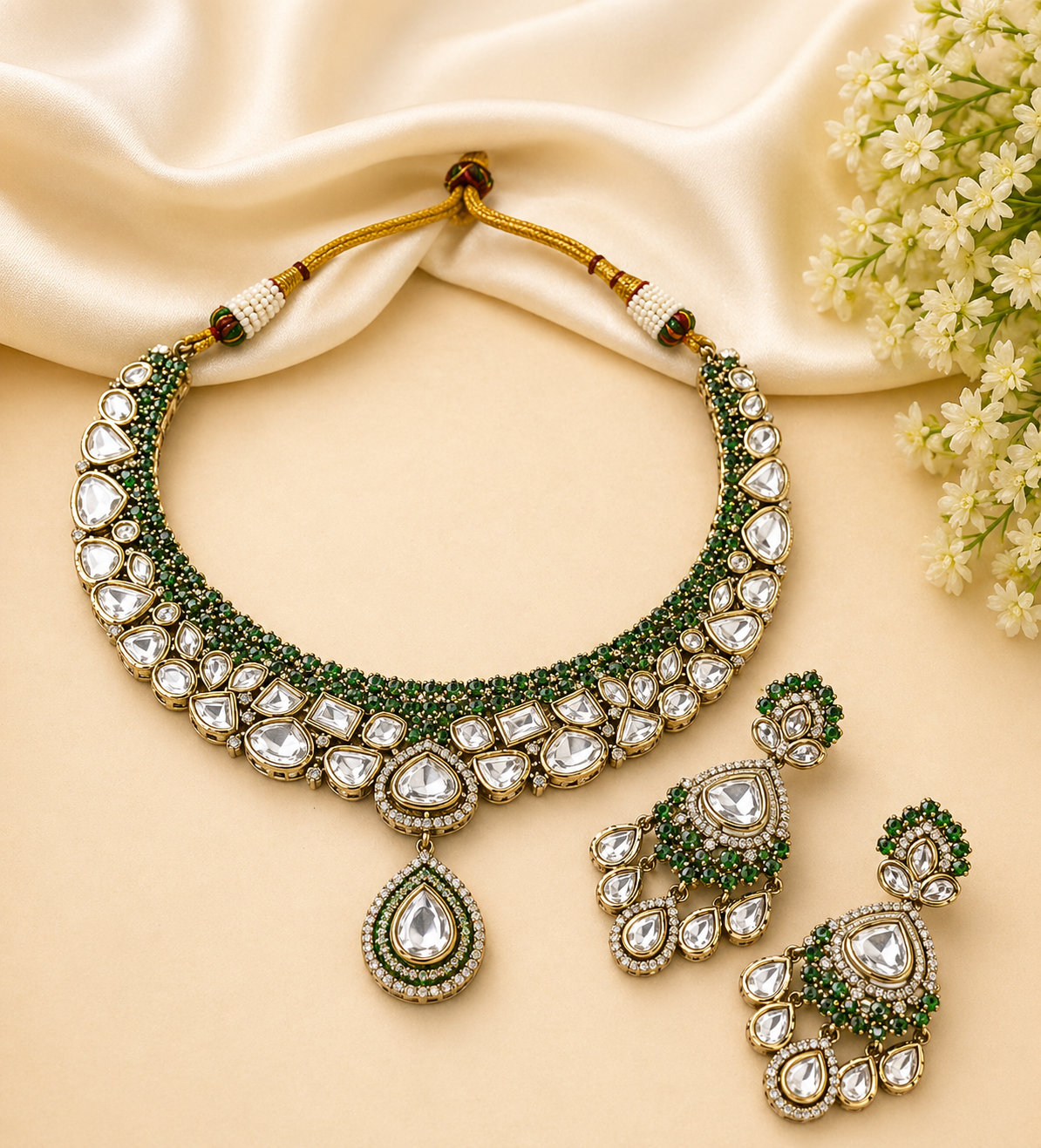 Ornate necklace and earrings with green and white stones on a beige fabric background.