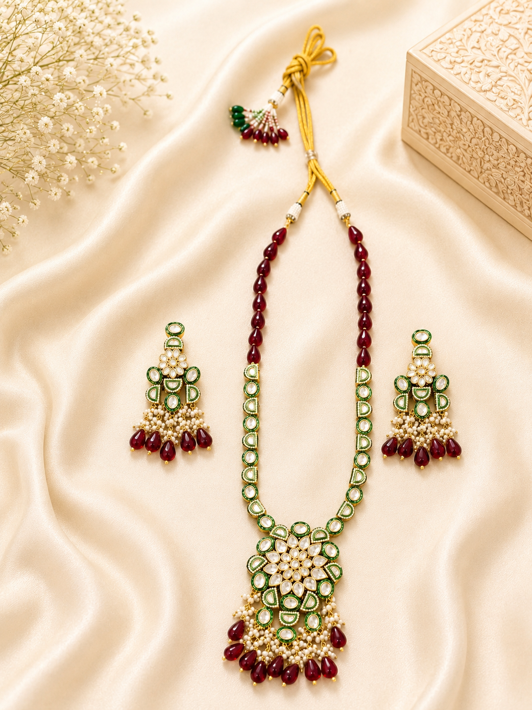 Jewelry set with necklace and earrings on a satin surface