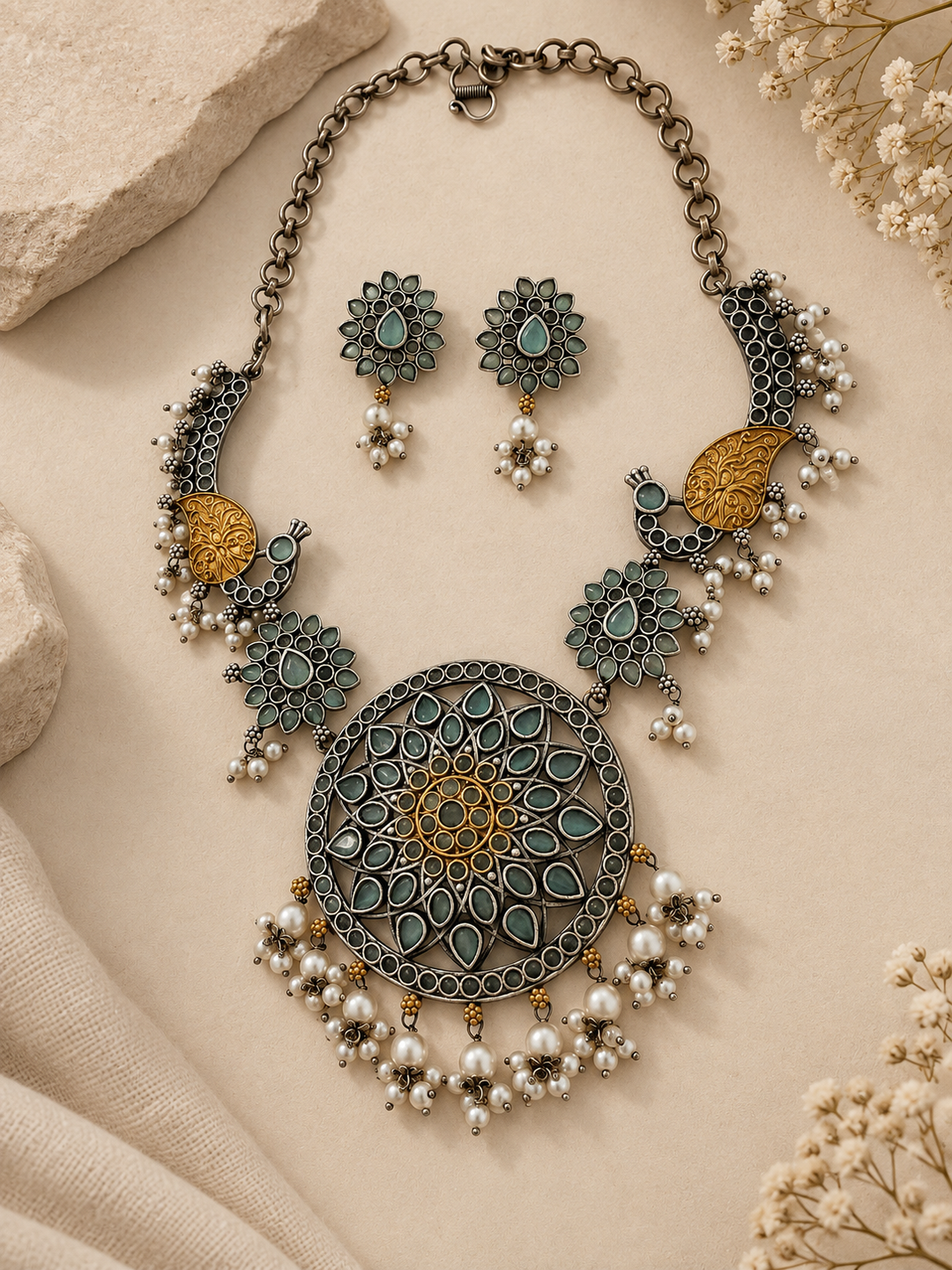 Tavisha oxidized Navratri necklace set with aqua-green stones, antique gold details, pearl drops and matching earrings.
