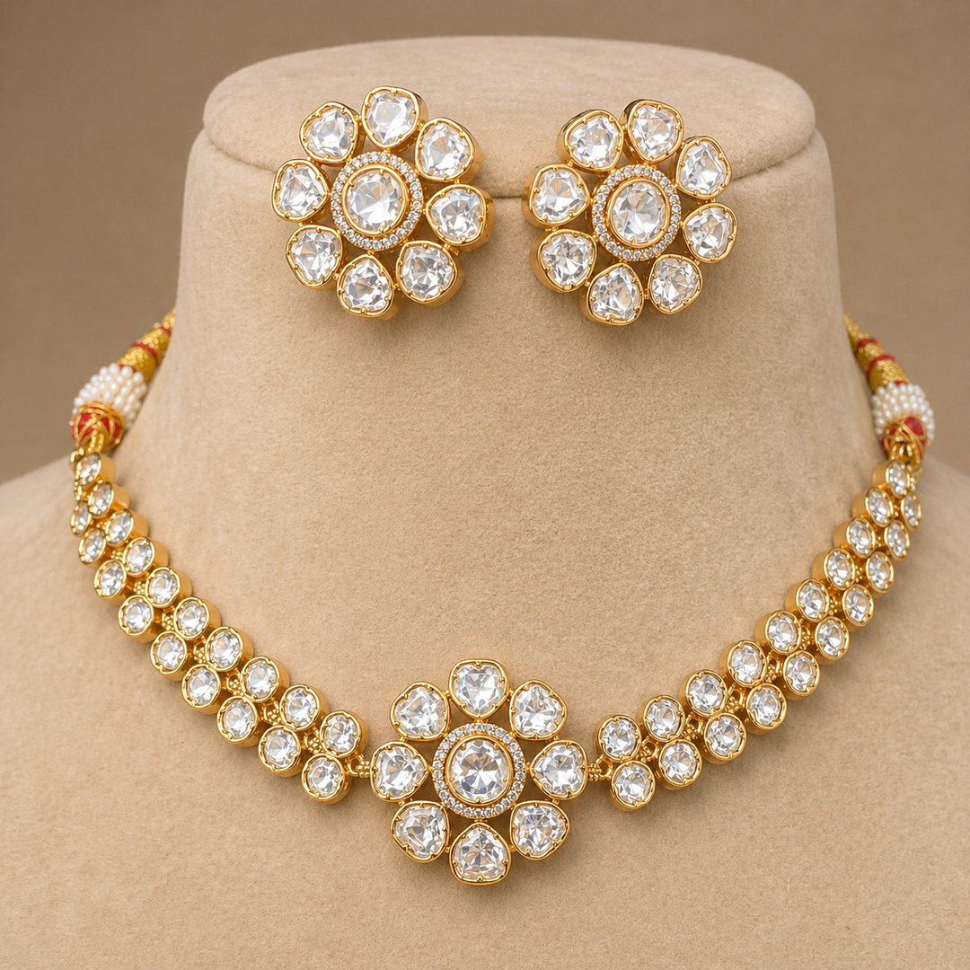 Gold necklace and earrings set on a beige mannequin bust