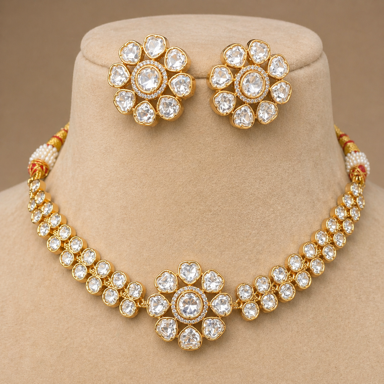Gold necklace and earrings set on a beige mannequin bust