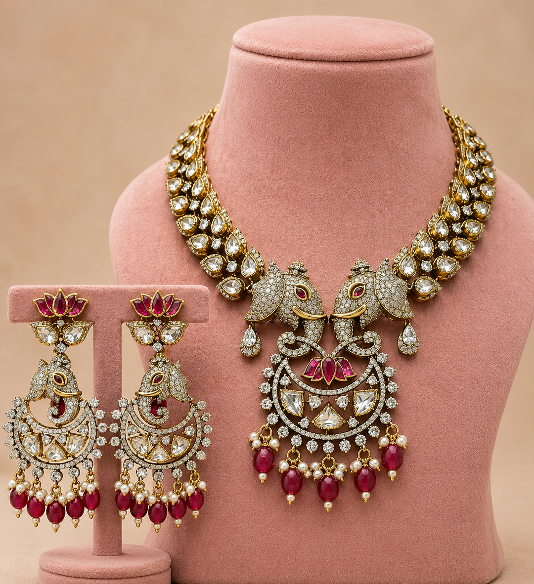 Gold statement jewelry set featuring elephant motifs with intricate detailing, ruby accents, and matching earrings on a soft pink display, traditional Indian festive design.