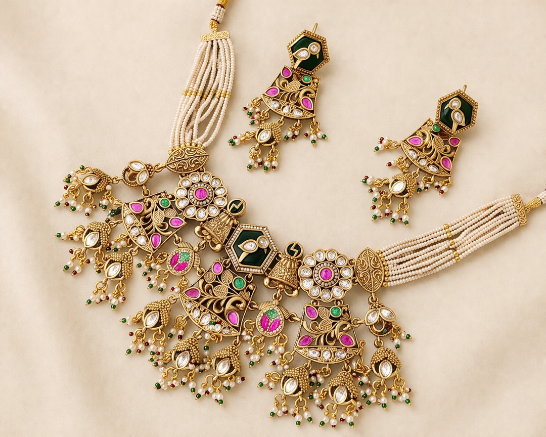 Ornate gold necklace with pink and green gemstones on a beige background